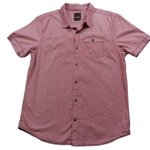 prAna Mens Red Textured Print Short Sleeve Organic Cotton Button Down Shirt  XL
